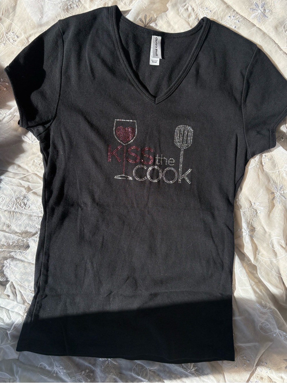 Y2K Bedazzled McBling Kiss the Cook Rhinestone V-Neck Tee - Black